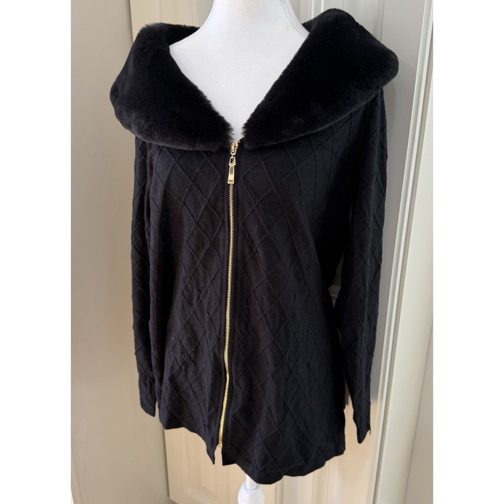 NWT Soft Surroundings Black‎ Faux Fur Collar Cardigan Jacket L Cozy Chic